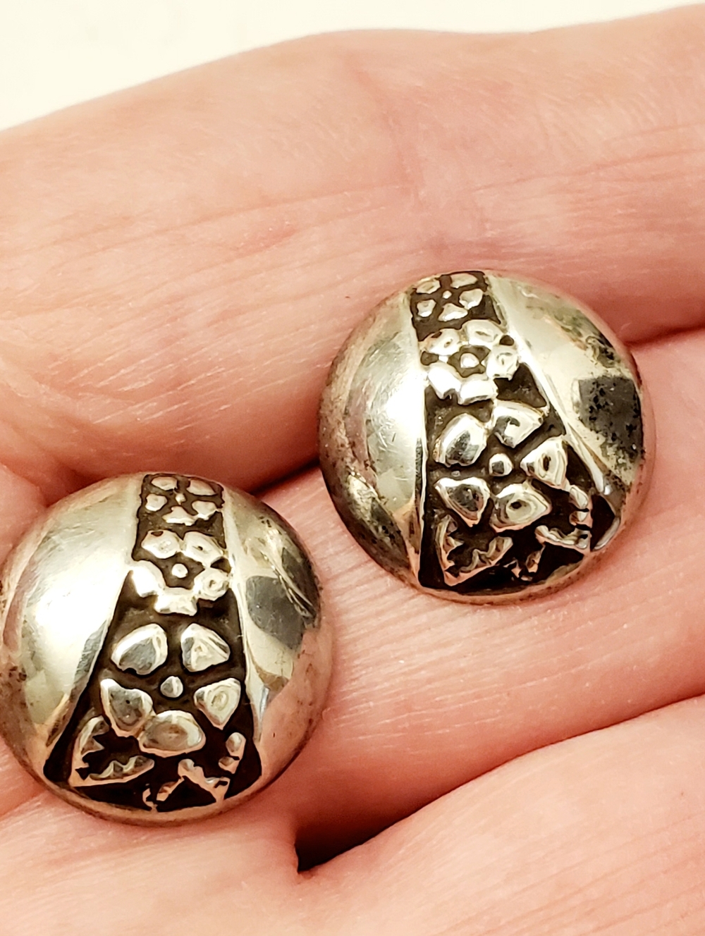 Vintage Silver Floral Dome Post Back Earrings